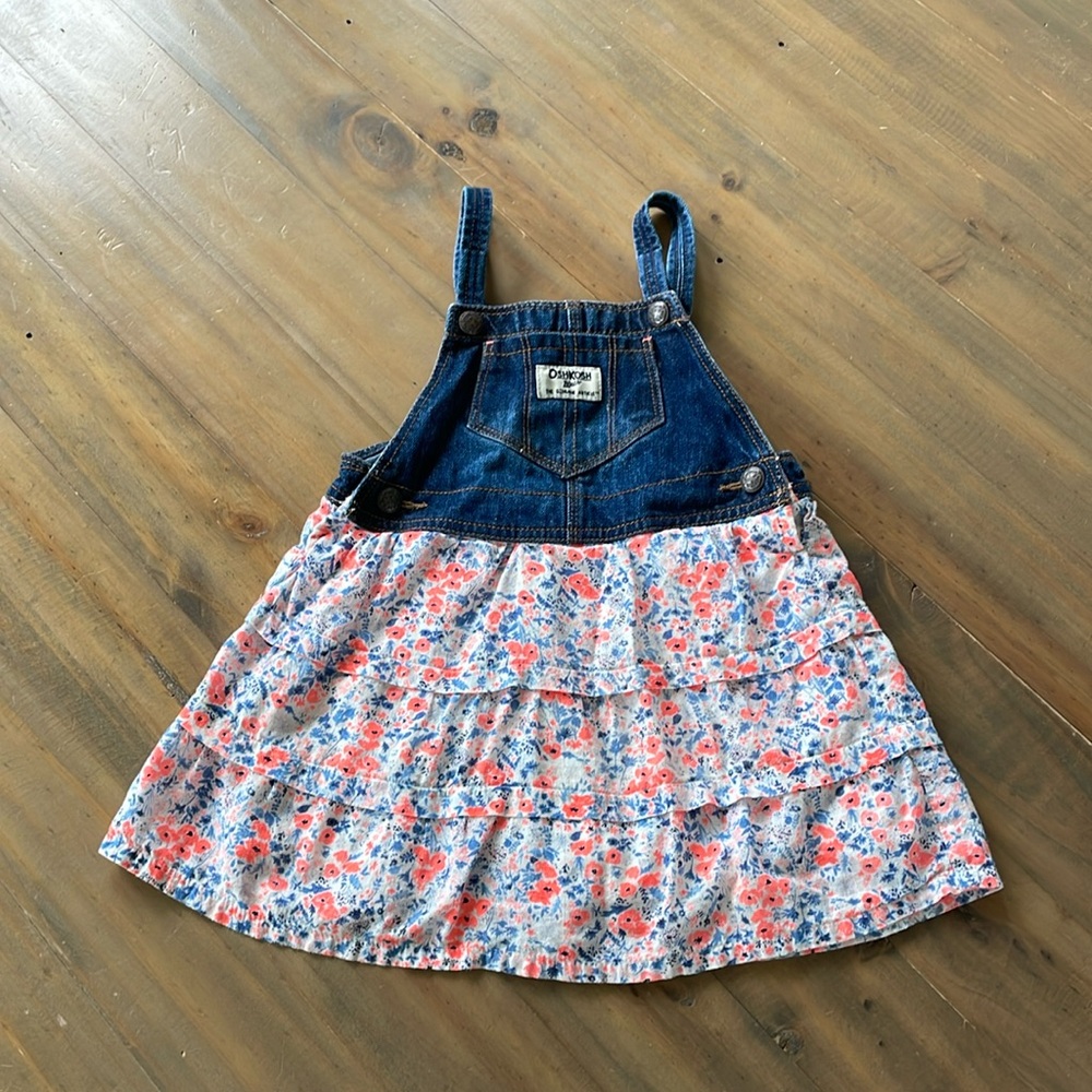 OshKosh B'gosh Denim Top Floral Skirt Overall Dress - Blue, Pink, White